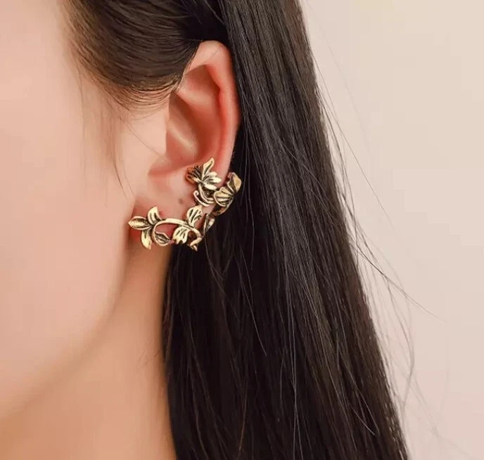 Brazalete de oreja floral ahuecado nuestra flor y hoja - dorado - sin piercing, clip Foto 3 de 4