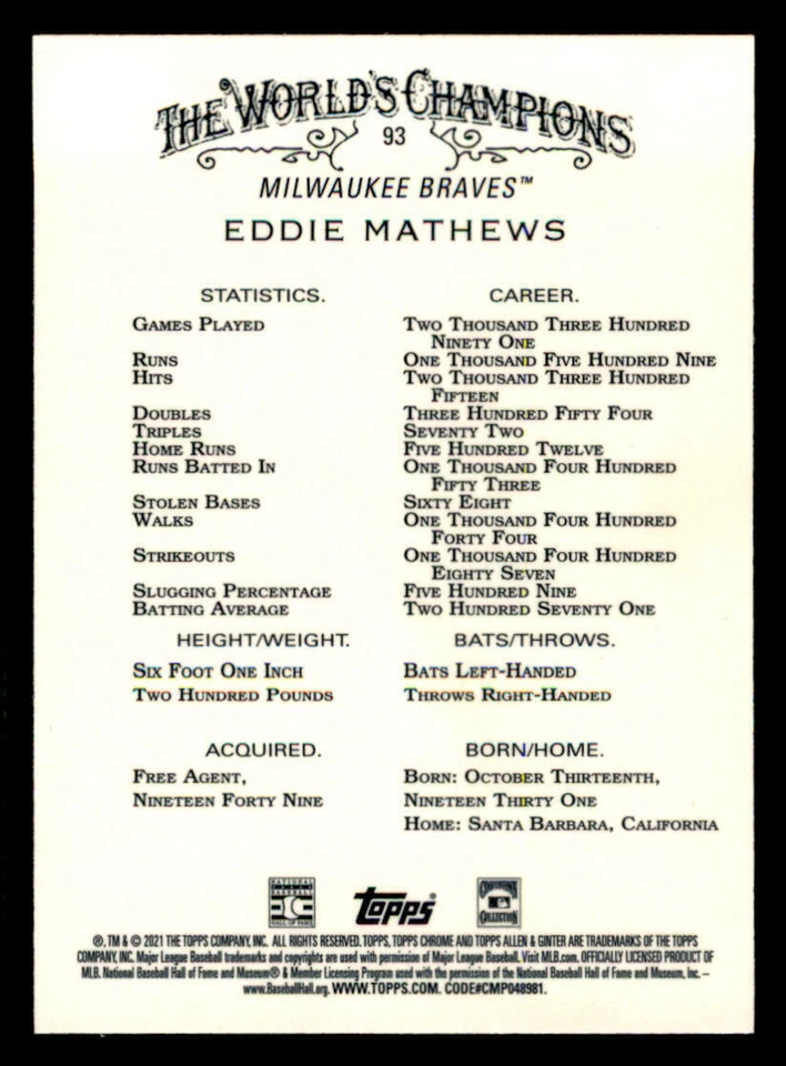 2021 Topps Allen and Ginter Chrome Refractors #93 Eddie Mathews (ref Y02225) - Image 2 of 2