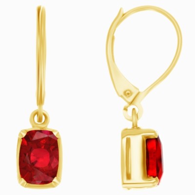 2 7/8Ct Simulated Cushion Ruby Dangle Earrings in 14k Yellow Gold