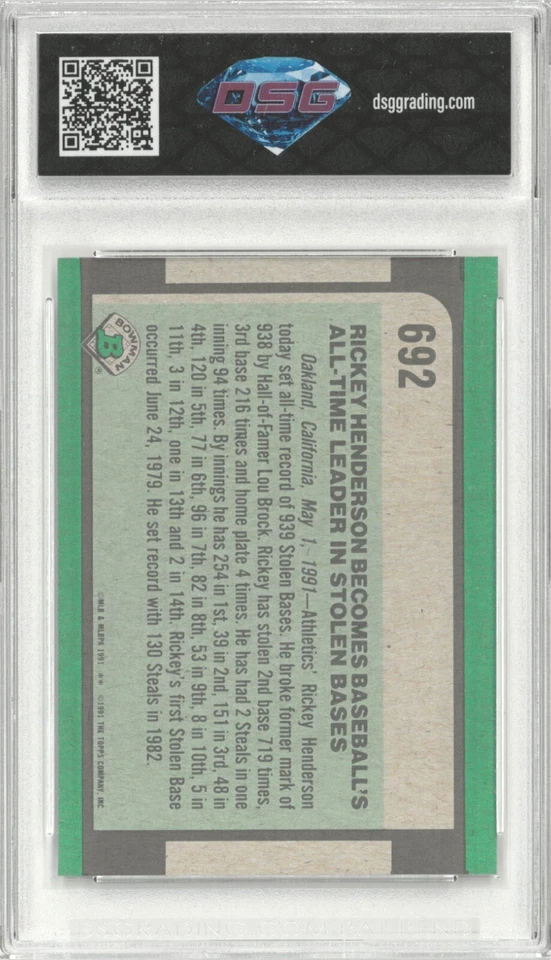1991 Bowman RICKEY HENDERSON #692 💎 DSG 9 Mint - Image 2 of 2