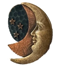 Celestian Cresent Moon and Stars enameled copper and brass brooch