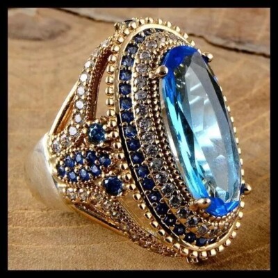 925 Silber Handarbeit Türkischer Schmuck Blau Aquamarıne Damen Ring Größe 6-9,5