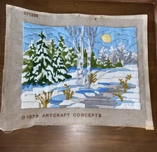 Vintage 1979 Artcraft Concepts Evergreen And River Crewel Embroidery Piece ￼