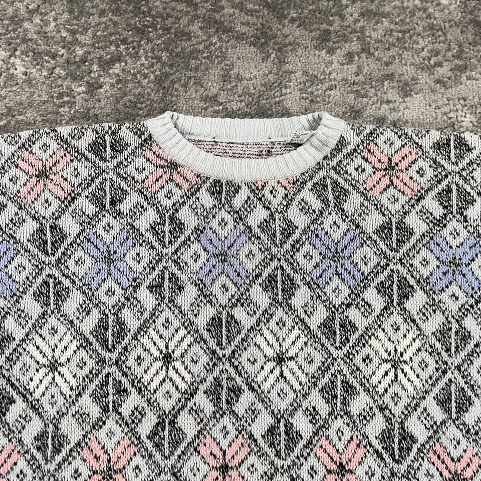 复古北欧毛衣男式 XL 灰色粉红色意大利雪花针织圆领爷爷 — 第 2/4 张图片