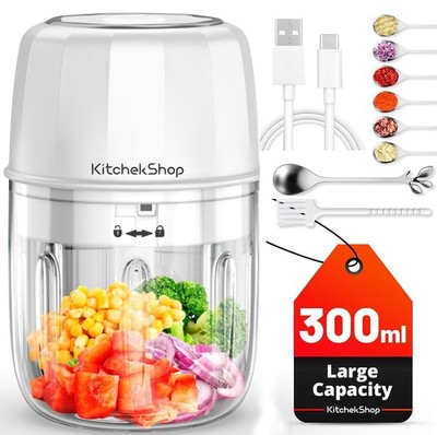 KitchekShop Electric Garlic Chopper 300ML Portable Cordless Food Processor Recha