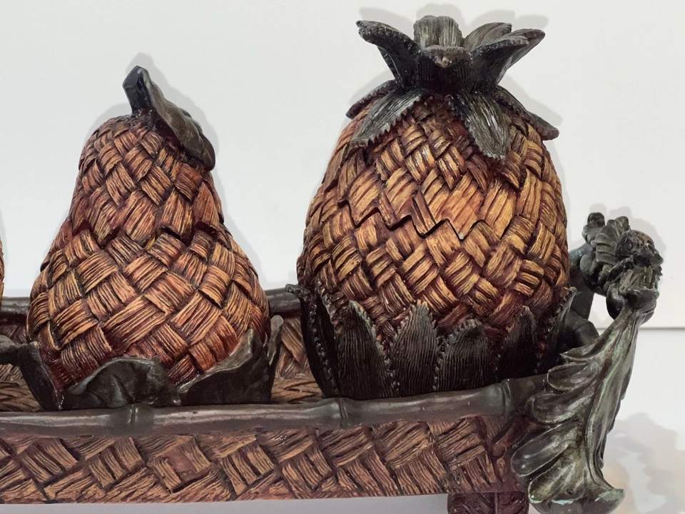 Juego de 4 baratijas de frutas de resina almacenamiento piña, pera, manzana con soporte ornamentado Foto 4 de 4