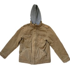 Levis Boys Sherpa Lined Hooded Utility Jacket Green Tan Snap Zip Sz L 12-13Y EUC