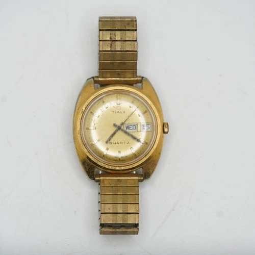 Vintage Timex Quartz 1970s Gold Tone Date Window & Flex band - Needs Battery