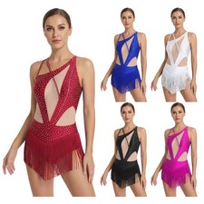 Womens Jumpsuit Leotard Dancewear Tango Bodysuit Tassel Latin Mesh Rhinestone