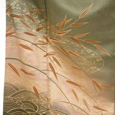 Women Silk 160cm Good Condition Houmongi Kimono Green