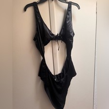 SKIMS Women Woven Shine Tie Front Teddy Lingerie Bodysuit Size 2X Color Onyx
