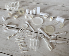 Barbie White Kitchen Dining Cups Silverware Plates Utensil Accessories Doll Size