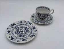 Vintage Blue & White 3 Piece Tea Set Cup Saucer Dessert Plate England