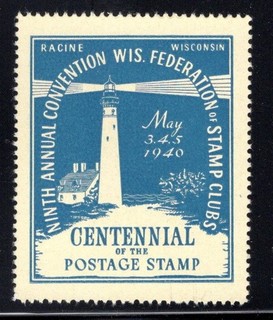 Racine WWII "Wisconsin Federation of Clubs" stamp show lighthouse label MH