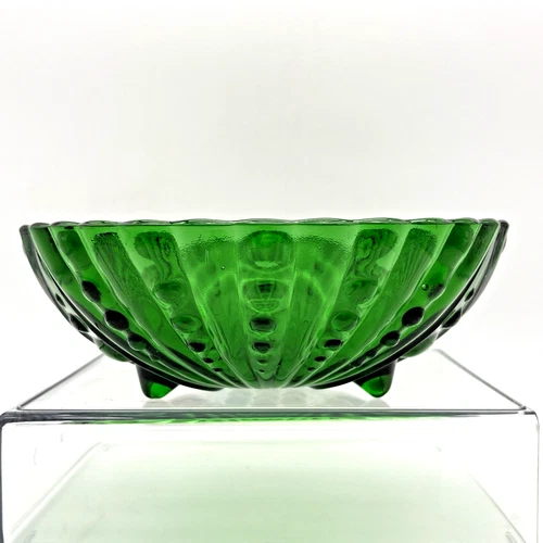 VTG Emerald Green 3 Footed Anchor Hocking Glass BURPLE Bubble Serving Bowl  8.5"