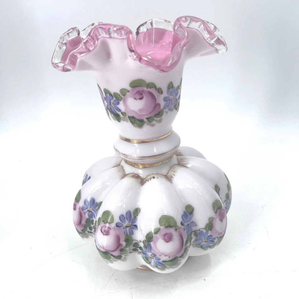 Vintage Fenton Hand Painted Ruffle Rim Charleton Peach Crest Melon Vase 8.5" - Image 4 of 4