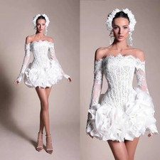 Fashion Short Wedding Dress Off Shoulder Long Sleeves Lace Applique Bridal Gowns
