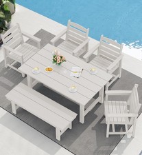 Outdoor Dining Set 6 Piece Table Bench 4 Chairs Umbrella Hole White SERWALL HDPE