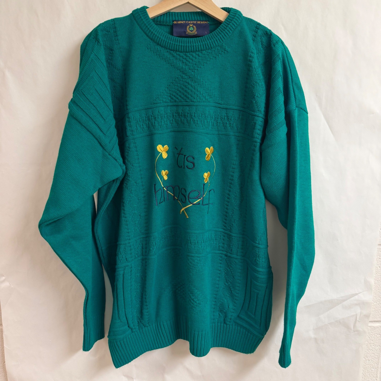 Blarney Castle Designs Mens Large Green Tis Himself Shamrock Sweater Ireland