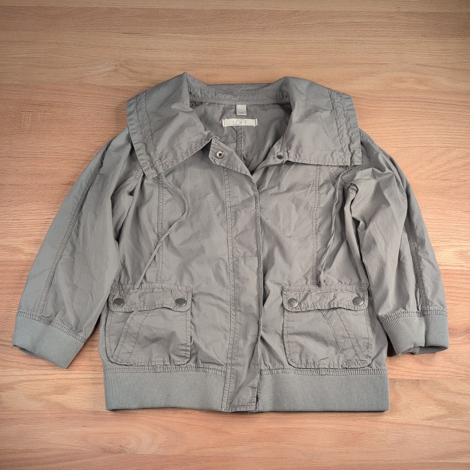 Ann Taylor LOFT Women S Gray 3/4 Sleeve Zip Front   Cargo Jacket Whimsigoth Top