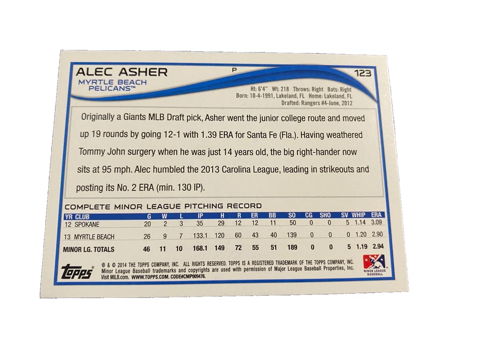 ALEC ASHER 2014 TOPPS PRO DEBUT #123 AUTO SIGNED PHILLIES ORIOLES PELICANS RC - Image 2 of 2