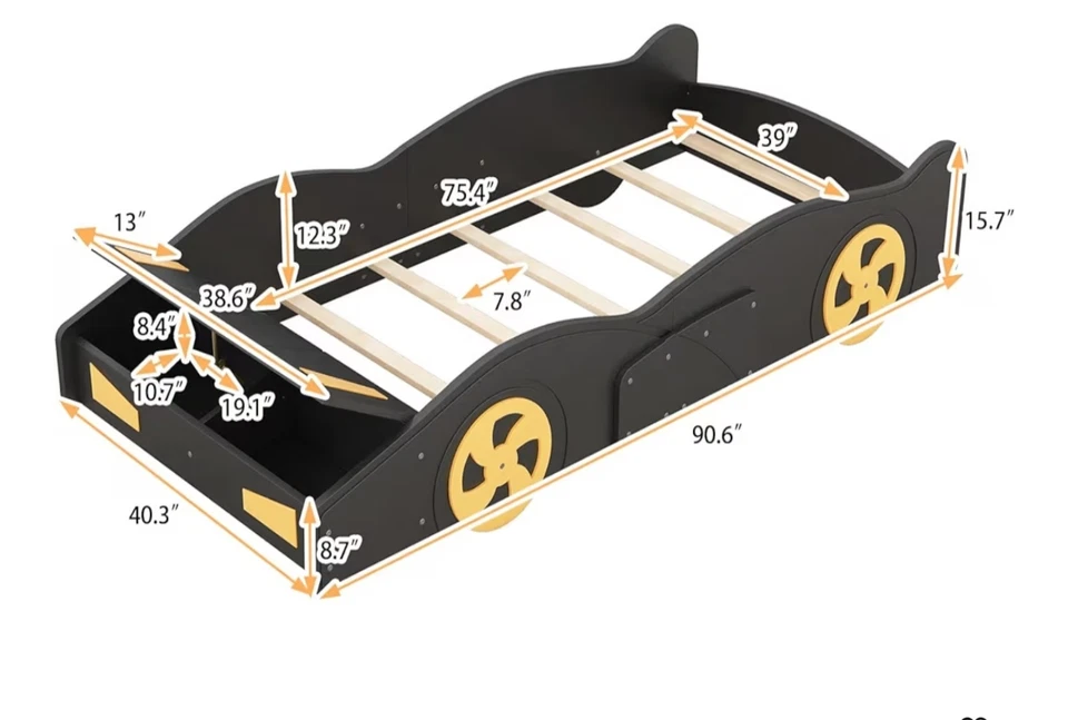 Cama de plataforma en forma de coche de carreras tamaño doble con ruedas y almacenamiento, negra + amarilla Foto 2 de 4