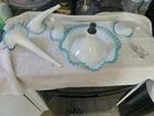 Fenton Blue Crest Epergne Fenton for L. G. Wright 4 horn  **Damaged Connector”