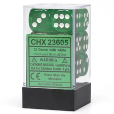 Chessex Green Translucent 16 mm with White Numbers D6 Dice Block 12 dice 
