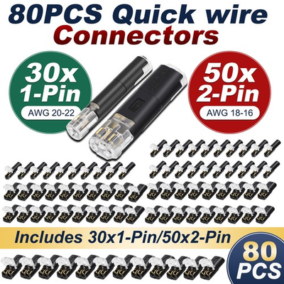 #ad 80PCS Plug In Quick Wire Connector Kit 1 Pin 2 Pin Reusable Clamp Terminal Block $13.98