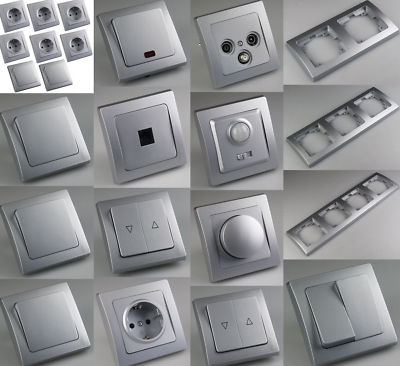 DELPHI-Serie Lichtschalter Steckdose Taster Bewegungsmelder Dimmer Schuko Silber