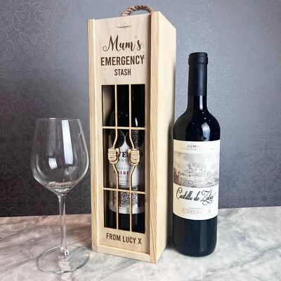 Mamas Notfallversteck Gefängnis Bars Wein personalisiert Seil einzelne Weinflasche Box