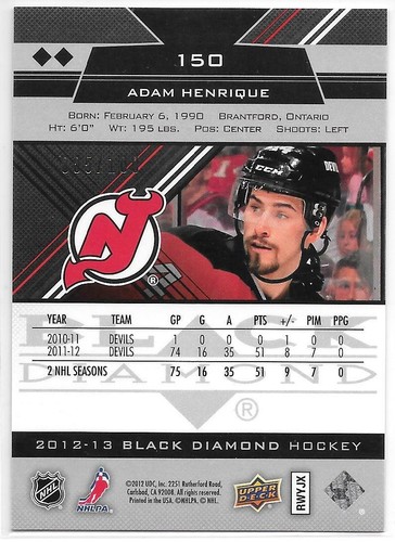 12/13 Black Diamond: Adam Henrique Base + Red Parallel Card #'d 005/100 (#150) ! - Picture 2 of 2