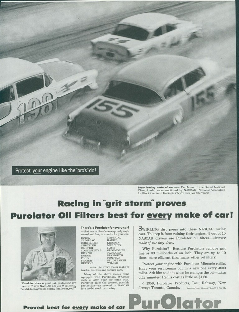 1956 Purolator Oil Vintage Print Ad NASCAR Race Cars Joe Weatherly Driver SP1