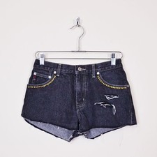 Vtg 80s 90s Y2K Grunge Guess Black Studded High Waist Cut Off Mini Jean Shorts M