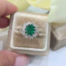 2.50Ct Lab Created Oval Green Emerald Engagement Ring 14K White Gold Finish Ring
