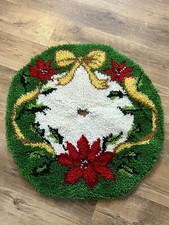 Vintage Handmade Latch Hook Christmas Tree Skirt 32  Poinsettia, Holly, Ribbon.