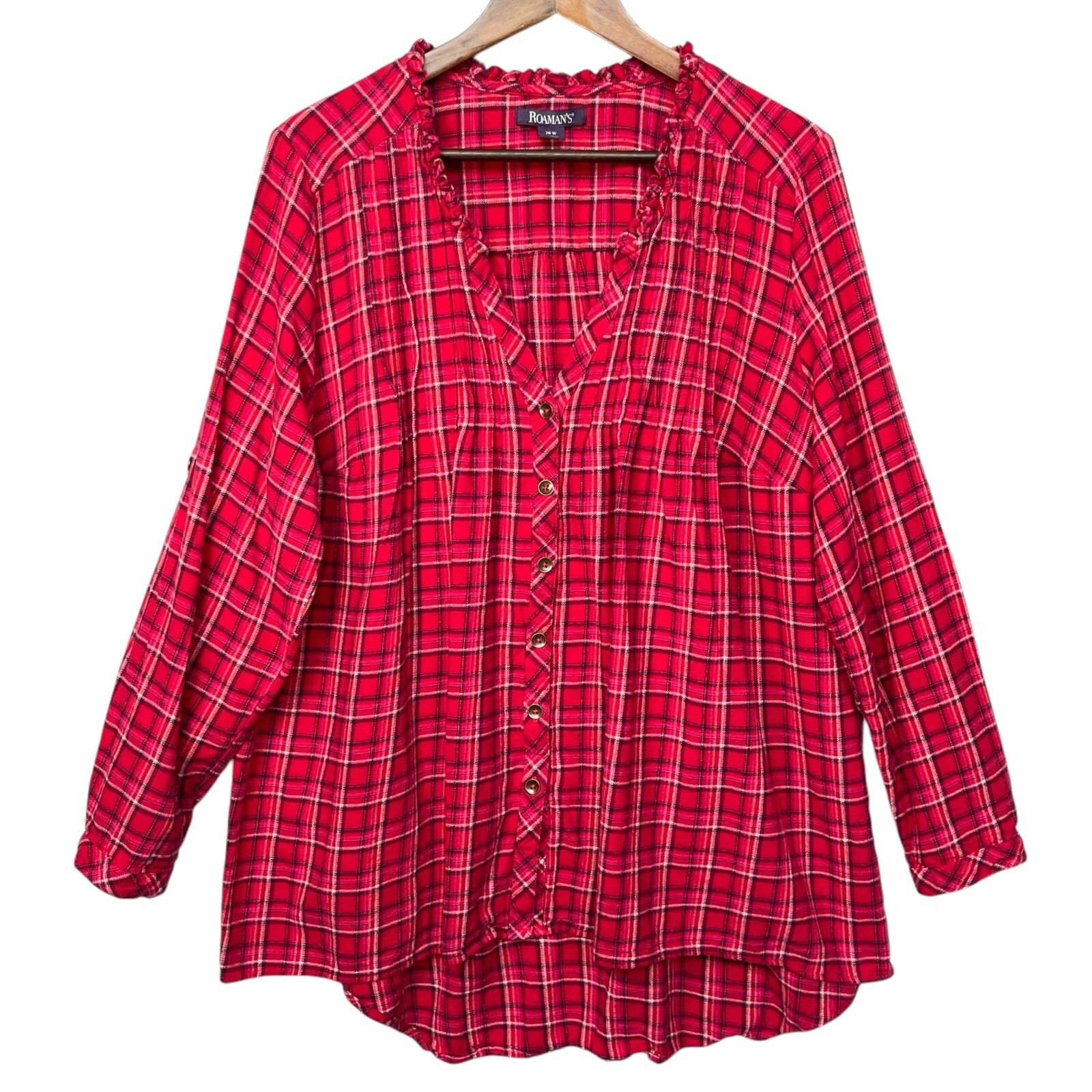 Roaman's Womens Button Up Top Size 20W Red Plaid 100% Cotton Long Sleeve Ruffle