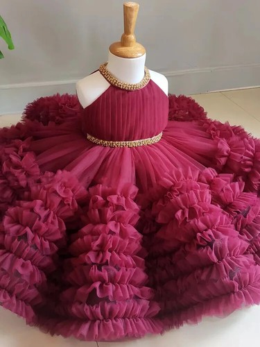 Summer Girls Sweet Fluffy Dress Performance DressWine Red Flower Princess Dress - Picture 2 of 12