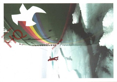 Postkarte:; GREENPEACE SCHIFF ARKTISCHER SONNENAUFGANG, IN GRÖNLAND IN DER NÄHE VON THULE LUFTWAFFENBASIS