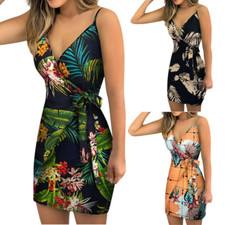 Women's Sexy V-Neck Floral Bodycon Mini Wrap Dress Casual Summer Sundress Skirt