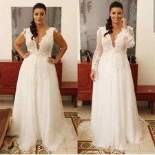 A-line Wedding Dresses V-Neck Long Sleeves Lace Applique Bridal Gowns Plus Size