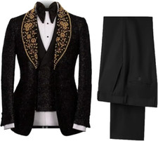Men Suit Suits Slim Fit Formal Prom Shawl Lapel Tuxedos Jackets Vest Pants Beads