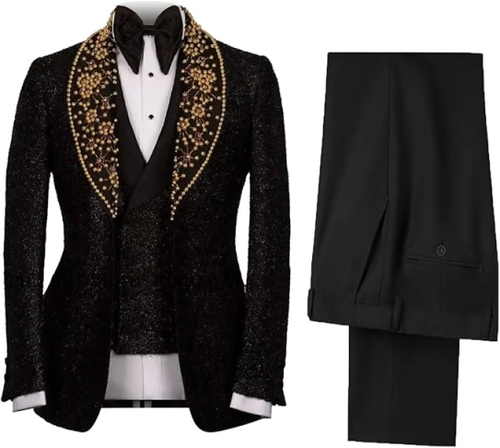 Hombres Traje Trajes Calce Ajustado Formal Baile de graduación Chal Solapa Esmoquin Chaquetas Chaleco Pantalones Cuentas - Imagen 1 de 8