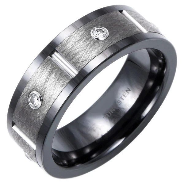 Tungsten Carbide Men's Brushed Six Lab Diamond 8MM Wedding Band Wedding Ring M92 Foto 2 de 4