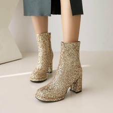 Sequins Women's Glitter Ankle Boots Zip Shoes Formal Oversize Square Toe Fashion