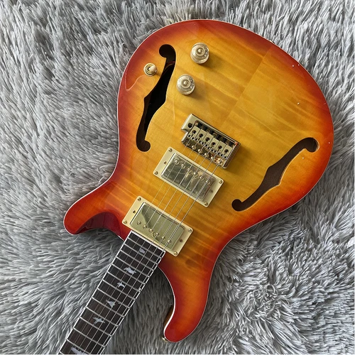 Semi Hollow Body Electric Guitar Cherry Sunburst Flamed Maple Top Bird Inlay
