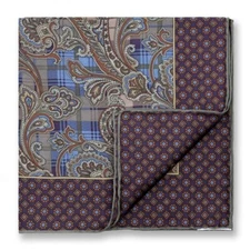 Men's 100% Silk Grey Blue Paisley Plaid Pocket Square Hand Rolled Free Shipping