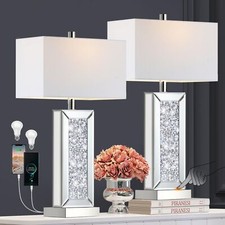 Modern Table Lamp Set of 2 Touch Control, Silver Mirror Big Diamond Crystal B...