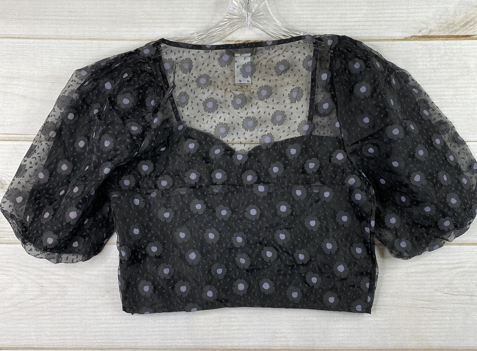 Sans Souci Blouse Womens L Black Floral Sheer Overlay Lined Crop Top Side Zip