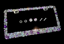 3D Bling Purple Rhinestones Pearls License Plate Frame Cover Crystals Lavender